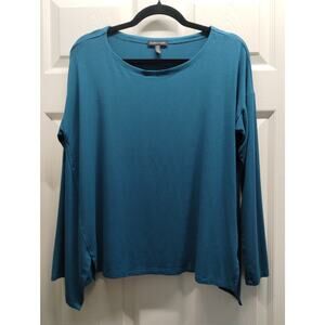 Eileen Fisher Size Medium Blue Jersey Stretch Asymmetric Hem Long Sleeve Top
